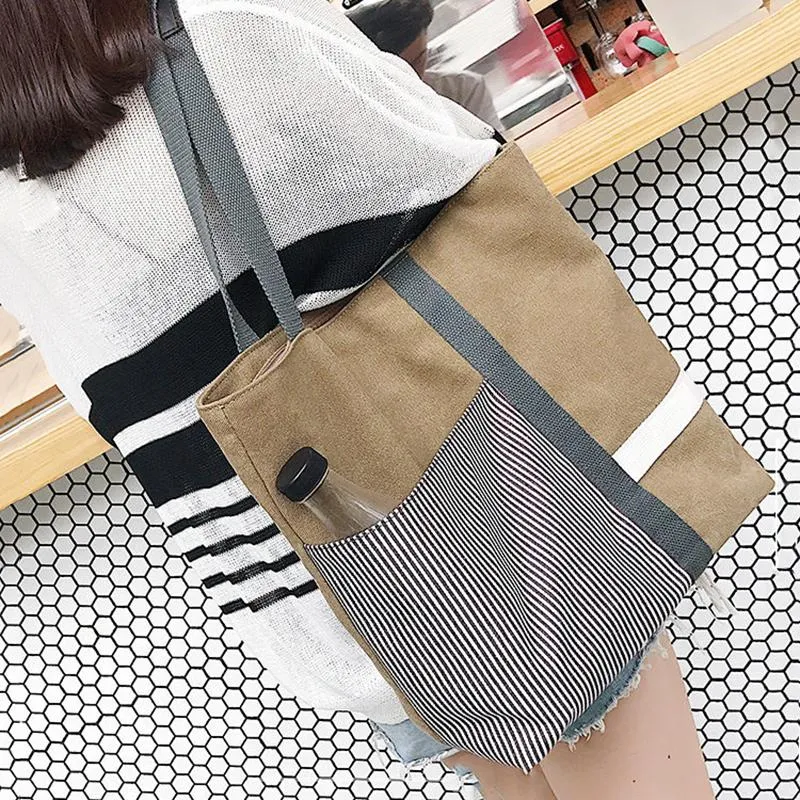 Women Large Capacity Canvas Bags Shoulder Stitched Tote Shopper Handbag Simple Hobo Bags 1Pcs Travel Casual Daily