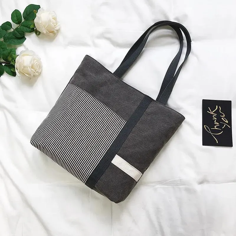 Women Large Capacity Canvas Bags Shoulder Stitched Tote Shopper Handbag Simple Hobo Bags 1Pcs Travel Casual Daily