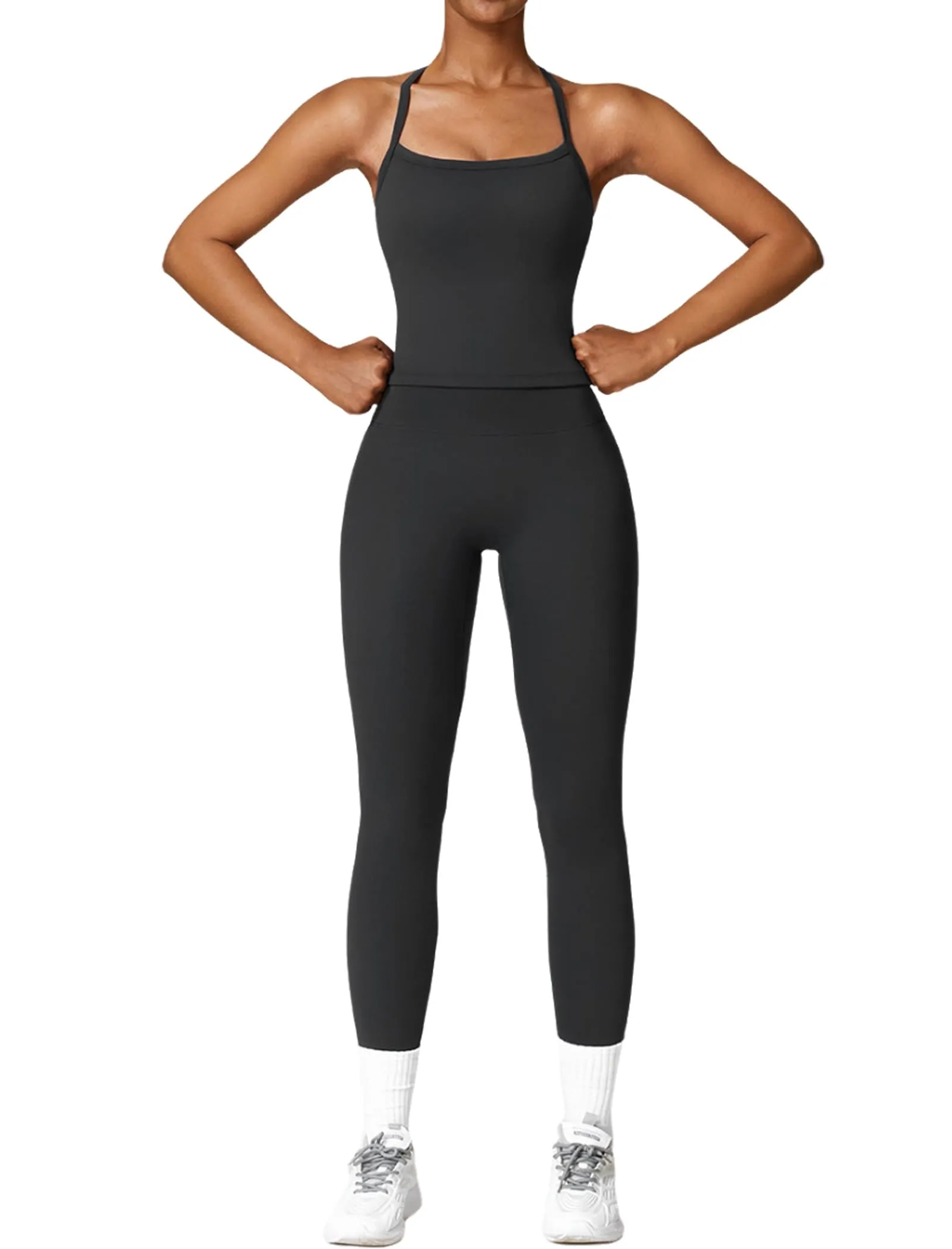 Womens Workout Sets Two Piece Seamless Stretch Cross Back Tank Top Matching Tummy Control High Waist Leggings Set 2 Piece For Women Gym Yoga Active Wear Outfits Athletic Work Out Clothes Black