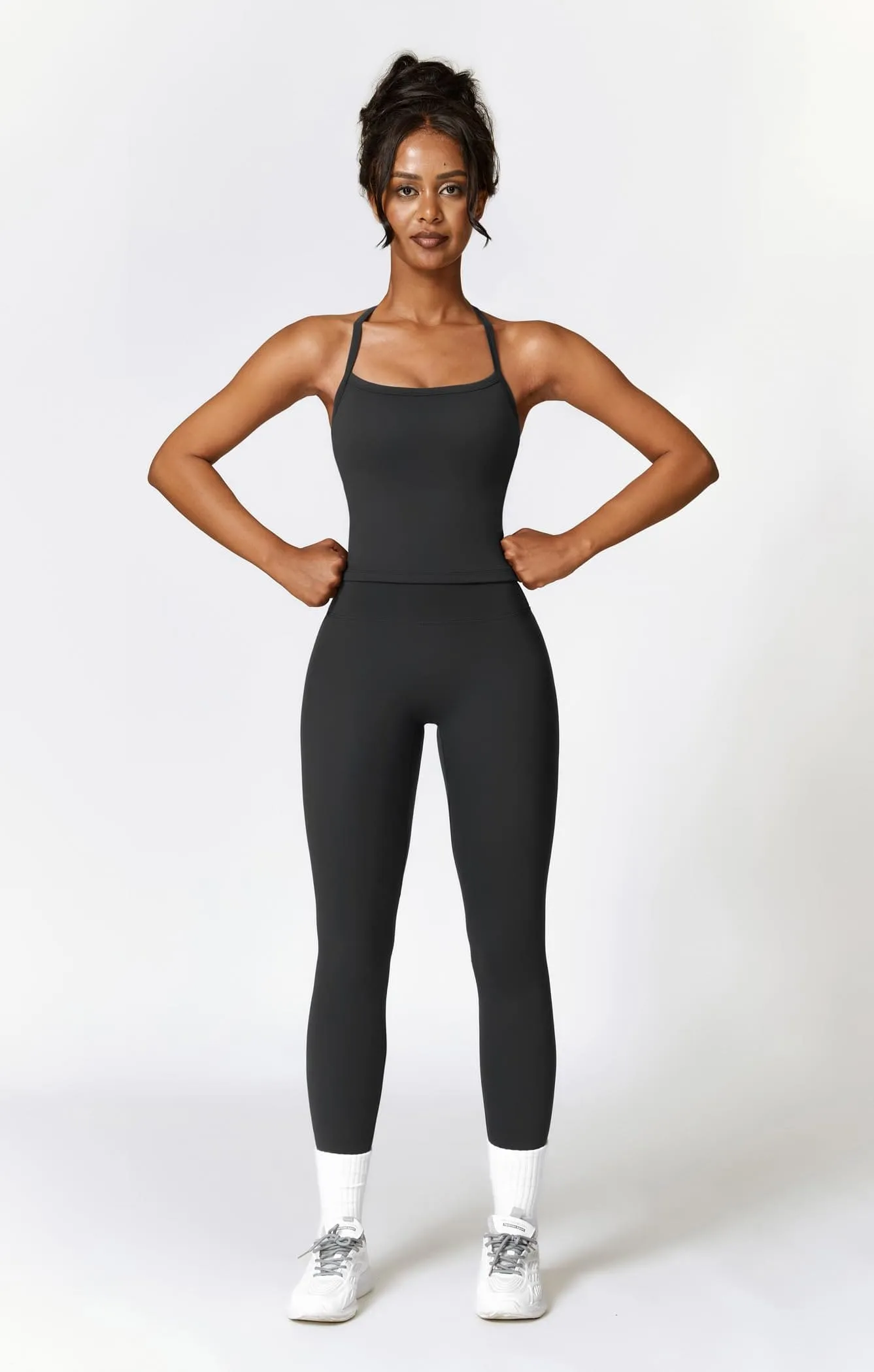 Womens Workout Sets Two Piece Seamless Stretch Cross Back Tank Top Matching Tummy Control High Waist Leggings Set 2 Piece For Women Gym Yoga Active Wear Outfits Athletic Work Out Clothes Black