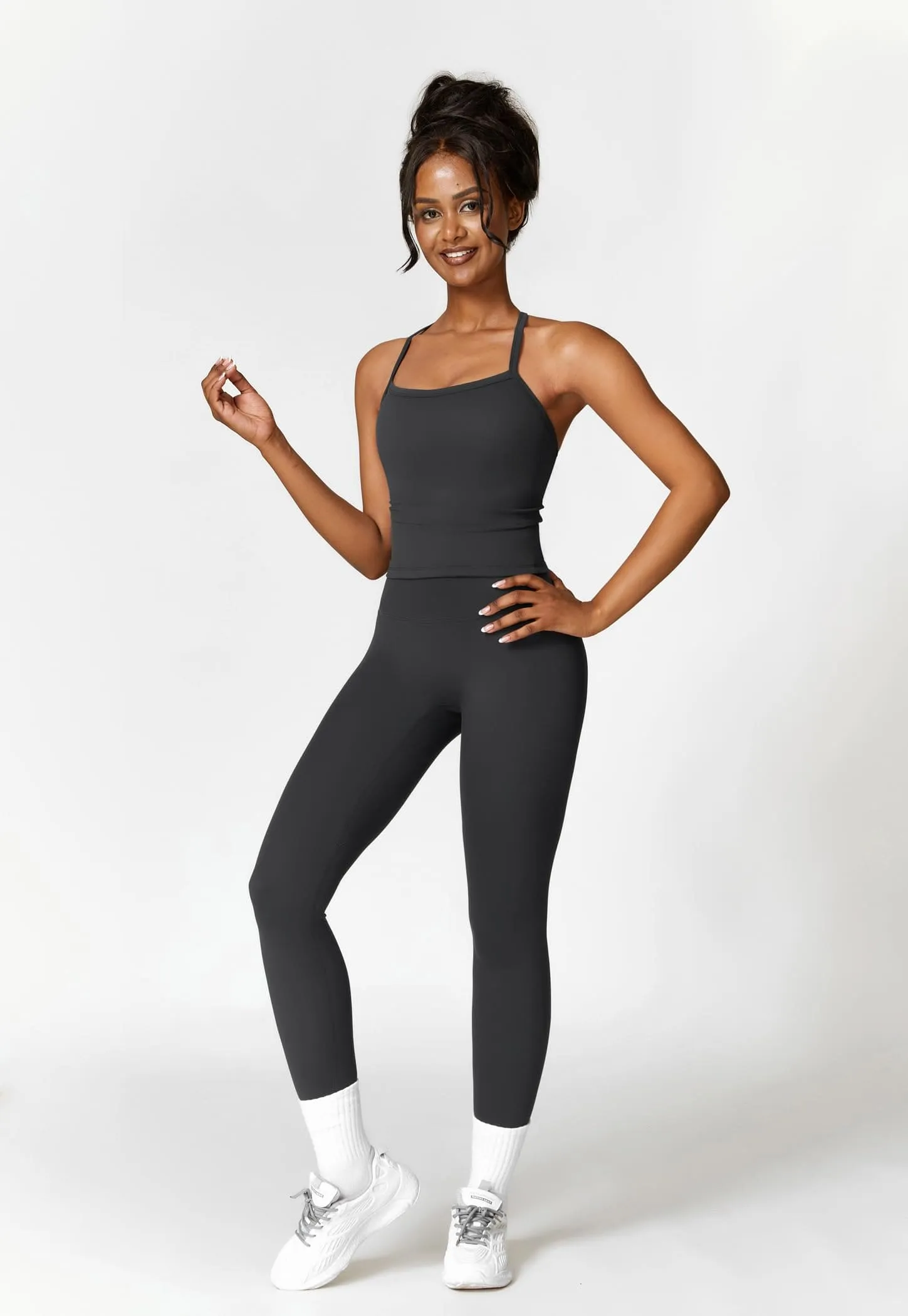 Womens Workout Sets Two Piece Seamless Stretch Cross Back Tank Top Matching Tummy Control High Waist Leggings Set 2 Piece For Women Gym Yoga Active Wear Outfits Athletic Work Out Clothes Black