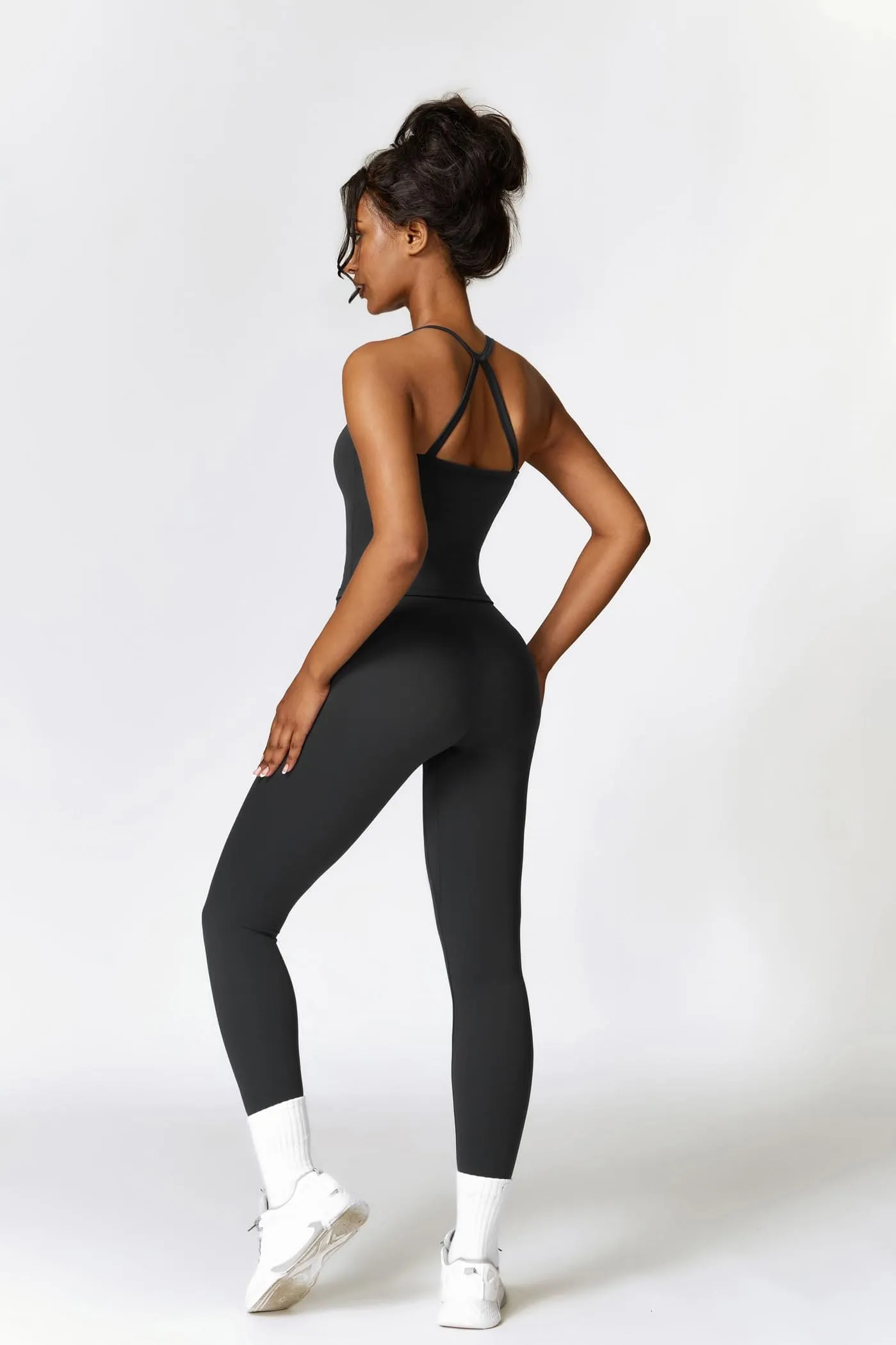 Womens Workout Sets Two Piece Seamless Stretch Cross Back Tank Top Matching Tummy Control High Waist Leggings Set 2 Piece For Women Gym Yoga Active Wear Outfits Athletic Work Out Clothes Black