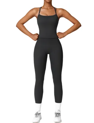 Womens Workout Sets Two Piece Seamless Stretch Cross Back Tank Top Matching Tummy Control High Waist Leggings Set 2 Piece For Women Gym Yoga Active Wear Outfits Athletic Work Out Clothes Black