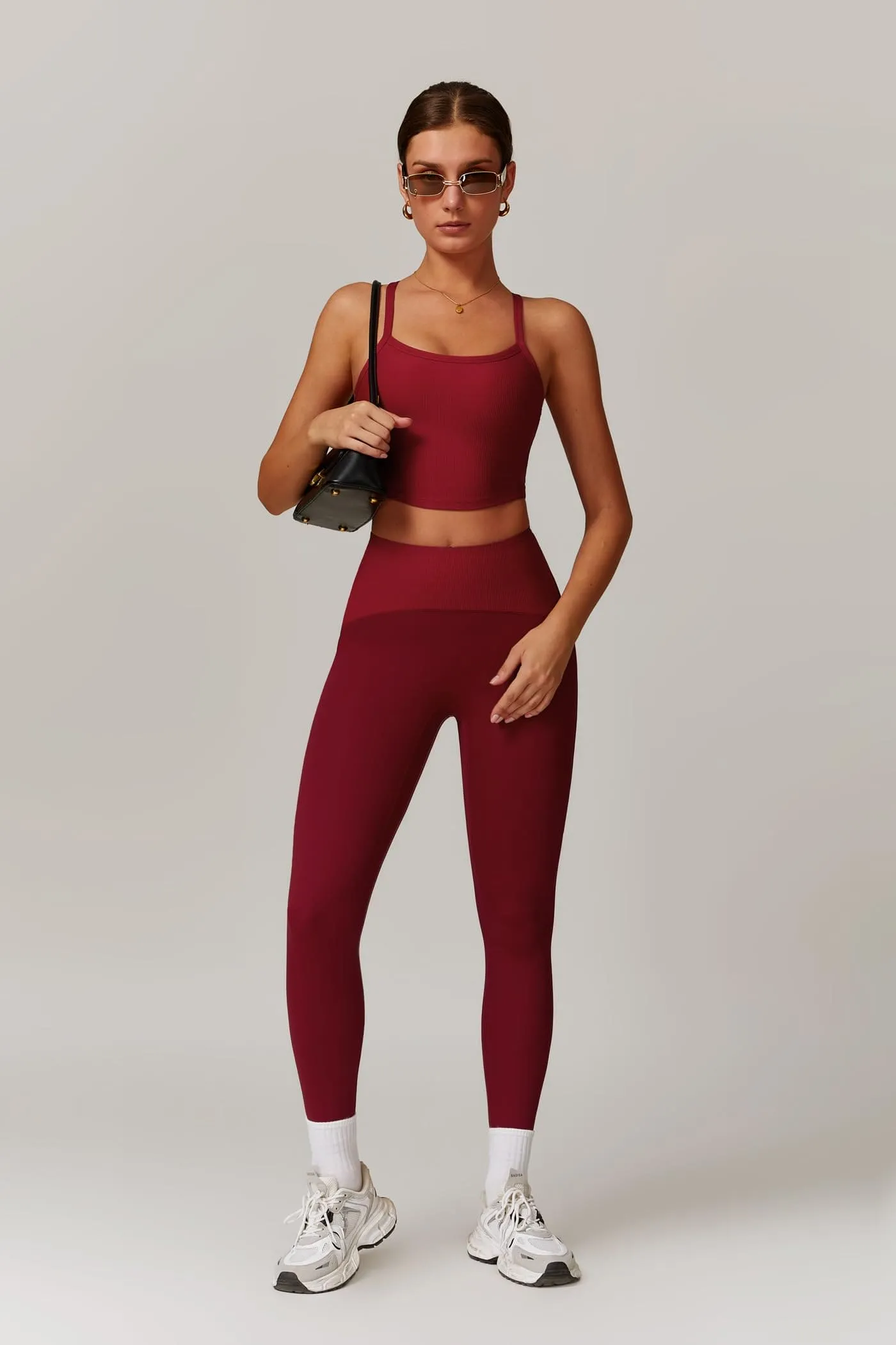 Womens Workout Sets Two Piece Seamless Stretch Cross Back Tank Top Matching Tummy Control High Waist Leggings Set 2 Piece For Women Gym Yoga Active Wear Outfits Athletic Work Out Clothes Wine Red