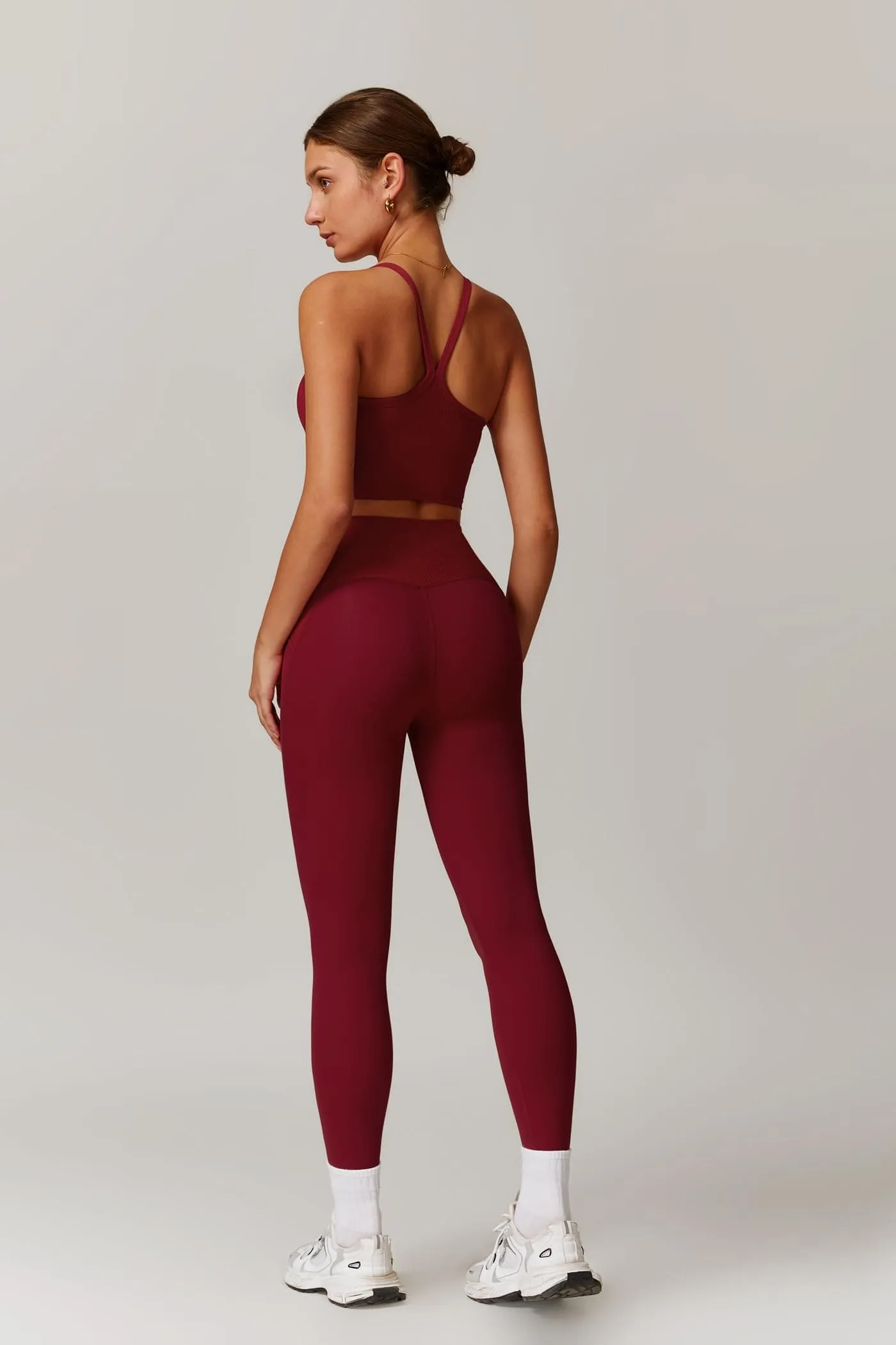 Womens Workout Sets Two Piece Seamless Stretch Cross Back Tank Top Matching Tummy Control High Waist Leggings Set 2 Piece For Women Gym Yoga Active Wear Outfits Athletic Work Out Clothes Wine Red