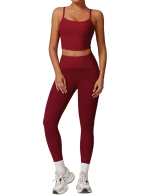 Womens Workout Sets Two Piece Seamless Stretch Cross Back Tank Top Matching Tummy Control High Waist Leggings Set 2 Piece For Women Gym Yoga Active Wear Outfits Athletic Work Out Clothes Wine Red