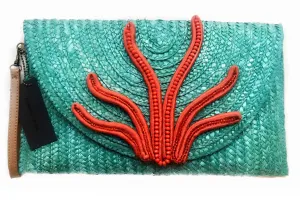 Woven straw Teal Coral Maxi Clutch