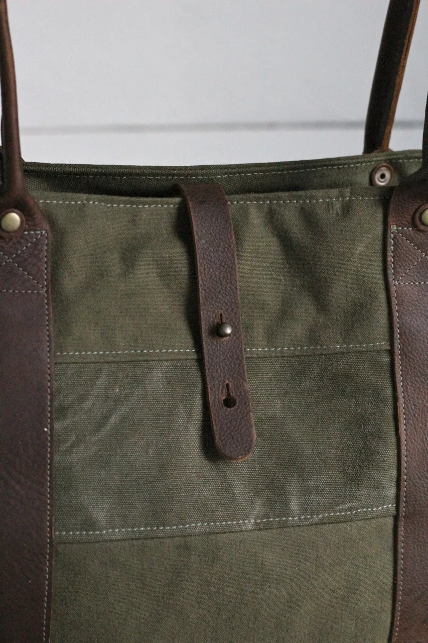 WWII era Striped Canvas and Leather Carryall
